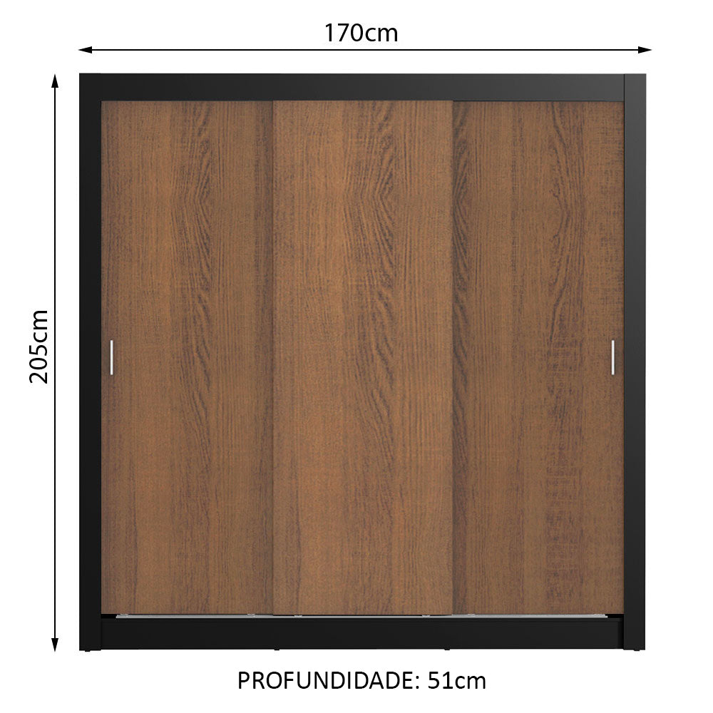 Guarda-Roupa Casal Madesa Lyon 3 Portas de Correr 2 Gavetas Preto/Rustic