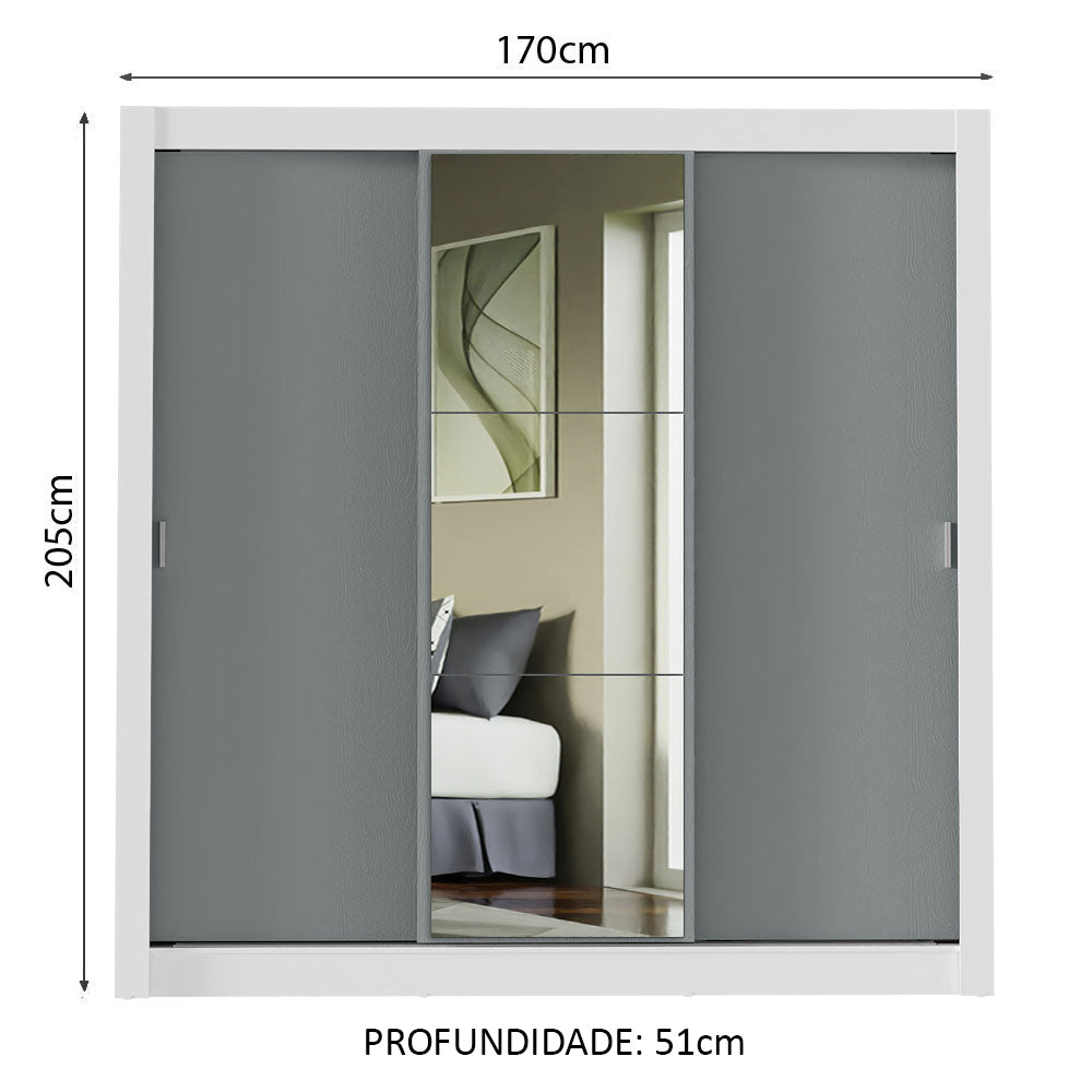Guarda-Roupa Casal Madesa Mônaco 3 Portas de Correr com Espelho Branco/Cinza