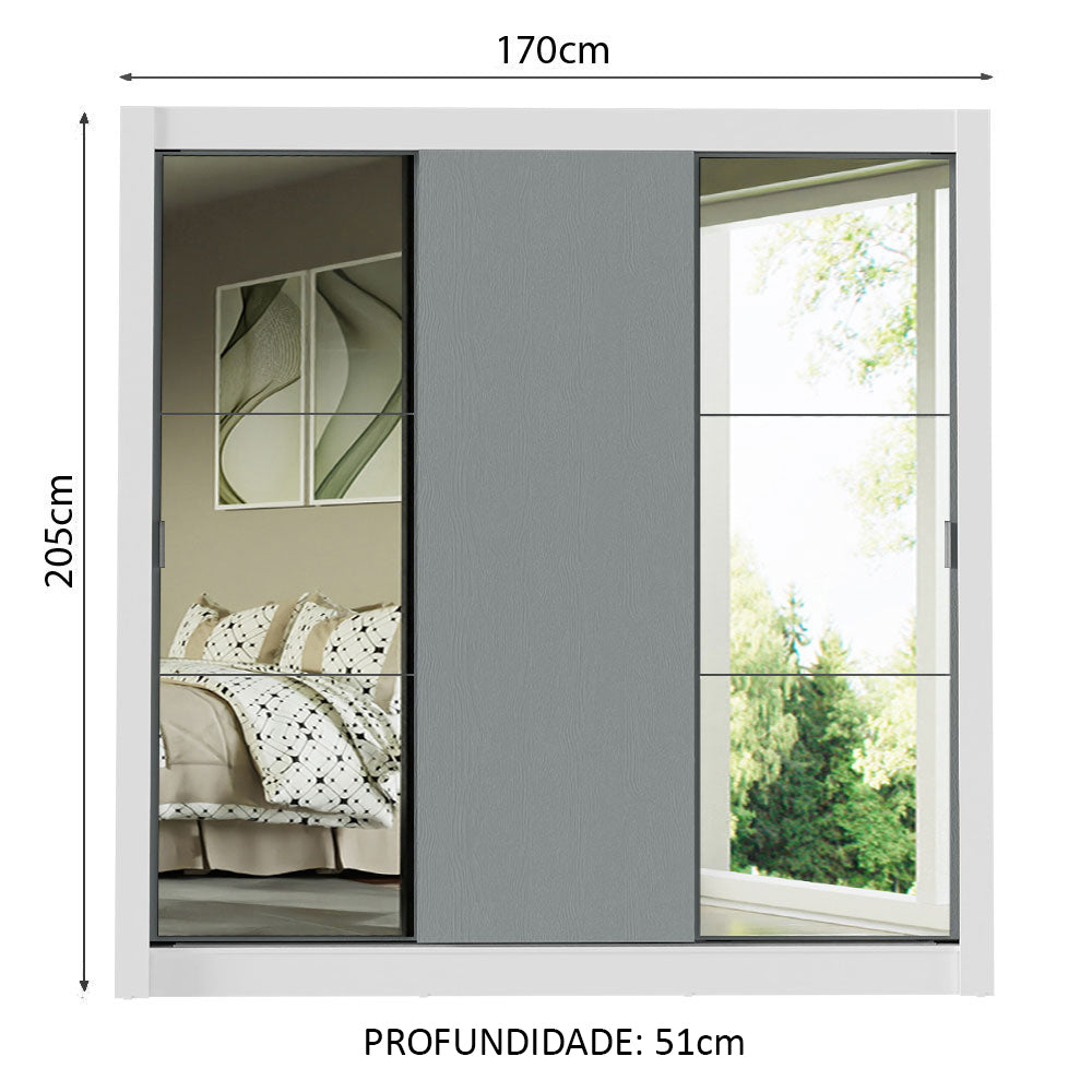 Guarda-Roupa Casal Madesa Mônaco 3 Portas de Correr com Espelhos Branco/Cinza