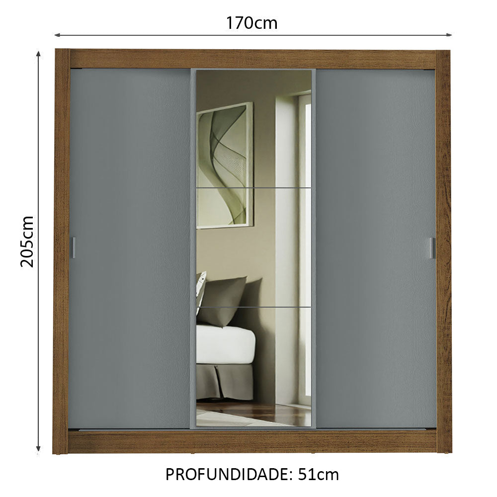 Guarda-Roupa Casal Madesa Mônaco 3 Portas de Correr com Espelho Rustic/Cinza