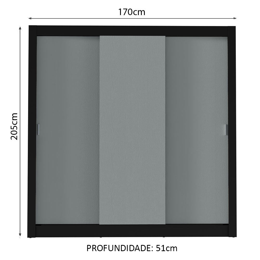Guarda-Roupa Casal Madesa Mônaco 3 Portas de Correr Preto/Cinza