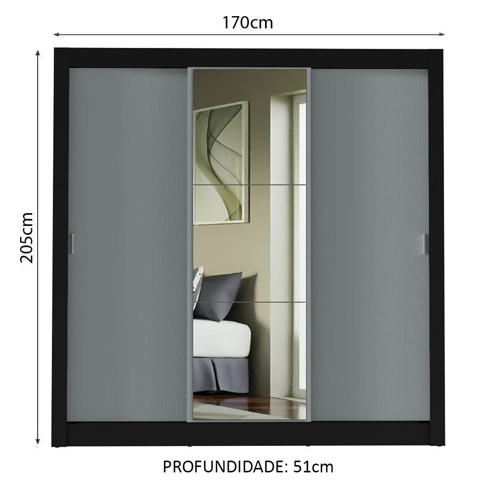 Guarda-Roupa Casal Madesa Mônaco 3 Portas de Correr com Espelho Preto/Cinza