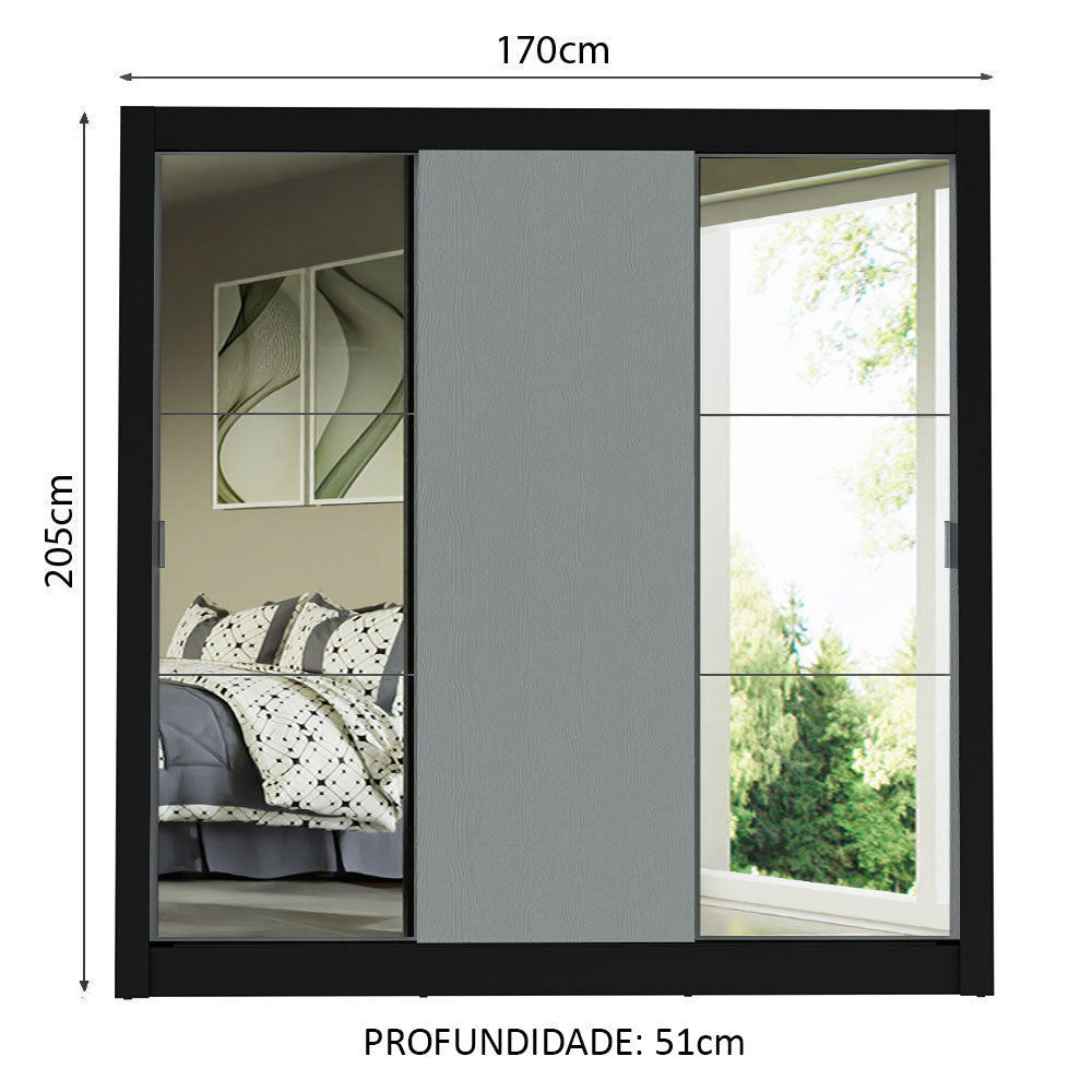 Guarda-Roupa Casal Madesa Mônaco 3 Portas de Correr com Espelhos Preto/Cinza