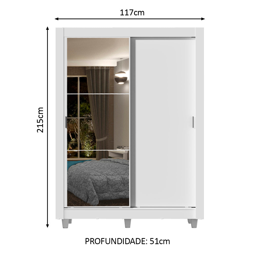 Guarda-Roupa Solteiro Madesa Dallas 2 Portas de Correr com Espelho 2 Gavetas com Pés Branco