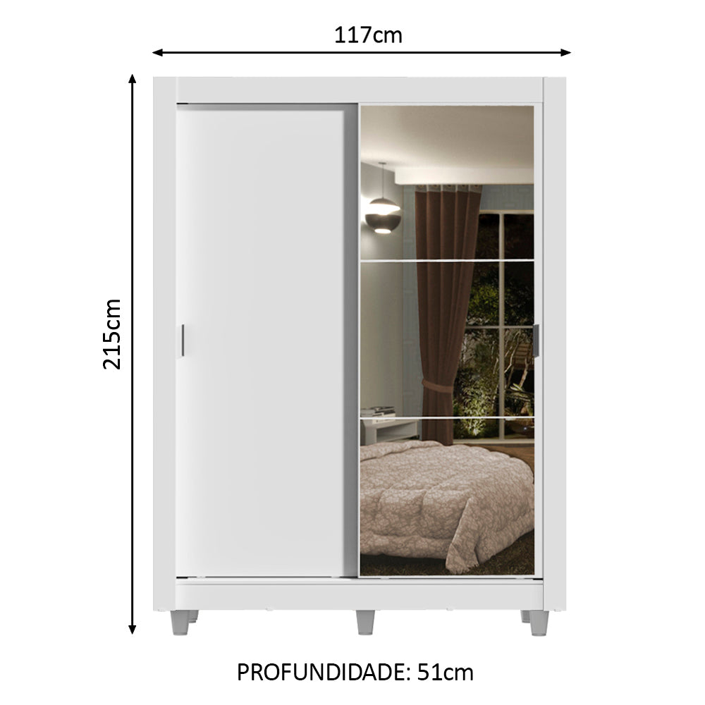 Guarda-Roupa Solteiro Madesa Dallas Plus 2 Portas de Correr com Espelho 4 Gavetas com Pés Branco
