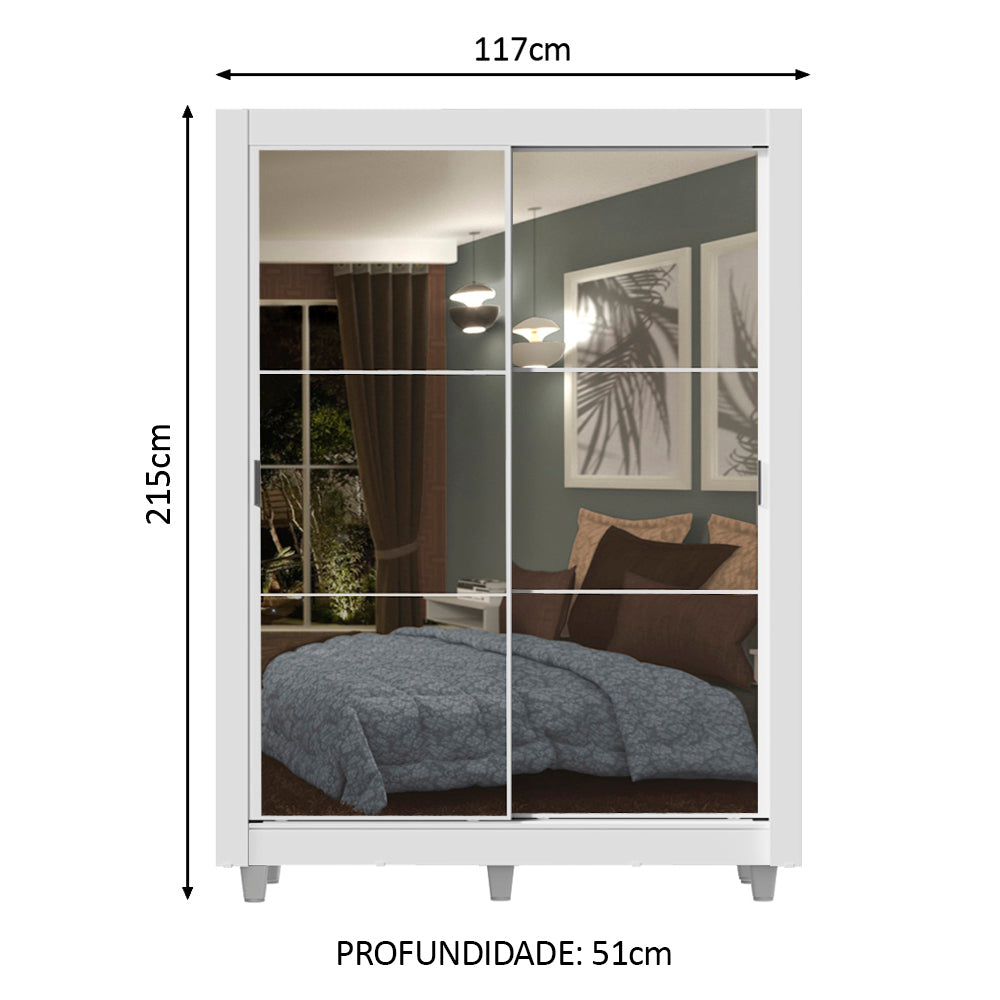Guarda-Roupa Solteiro Madesa Dallas 2 Portas de Correr de Espelho 2 Gavetas com Pés Branco