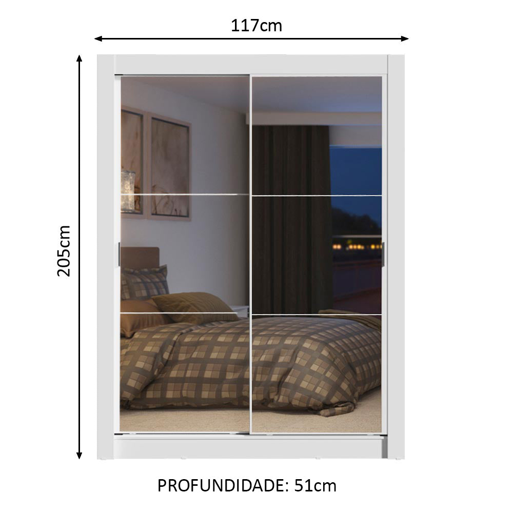 Guarda-Roupa Solteiro Madesa Dallas Plus 2 Portas de Correr de Espelho 4 Gavetas Branco