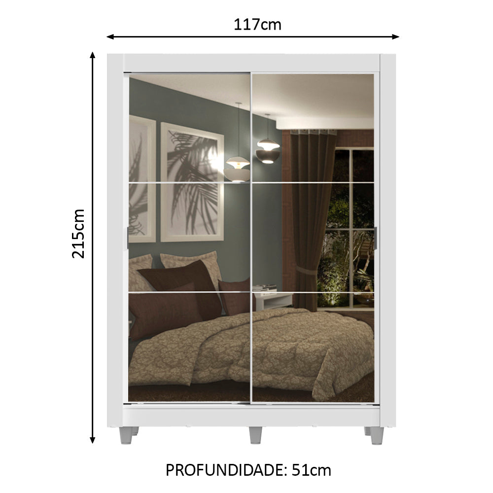 Guarda-Roupa Solteiro Madesa Dallas Plus 2 Portas de Correr de Espelho 4 Gavetas com Pés Branco