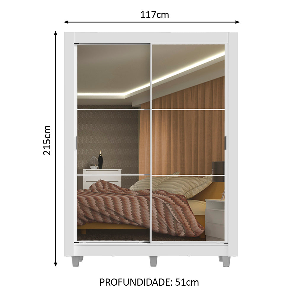 Guarda-Roupa Solteiro Madesa Denver 2 Portas de Correr de Espelho com Pés Branco