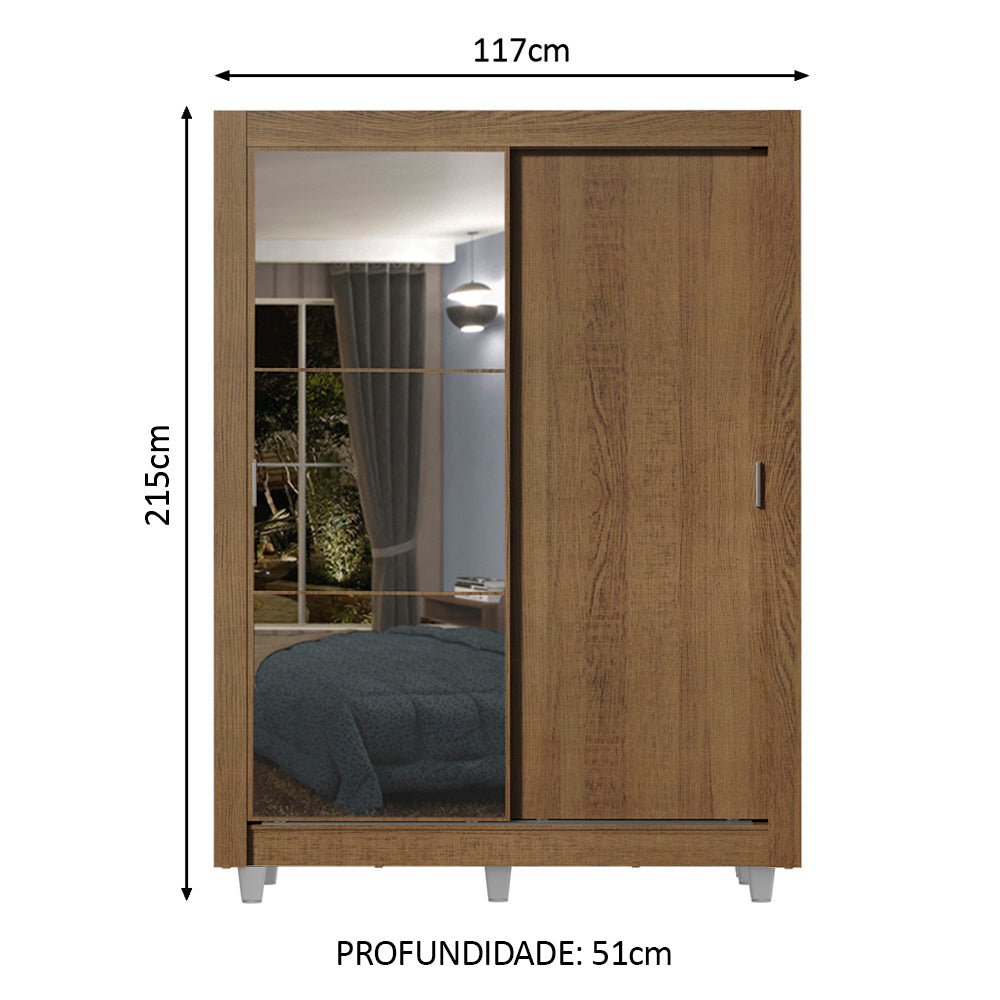 Guarda-Roupa Solteiro Madesa Dallas 2 Portas de Correr com Espelho 2 Gavetas com Pés Rustic