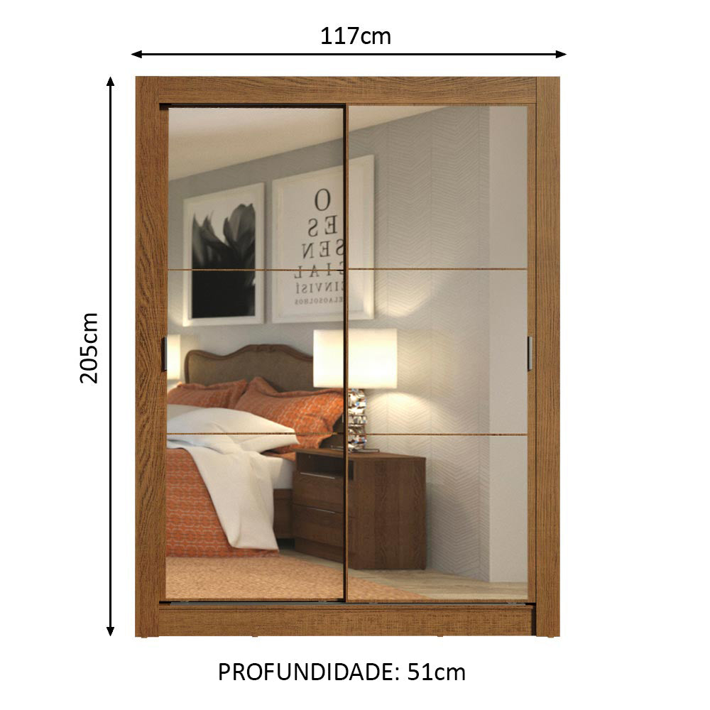 Guarda-Roupa Solteiro Madesa Dallas 2 Portas de Correr de Espelho 2 Gavetas Rustic