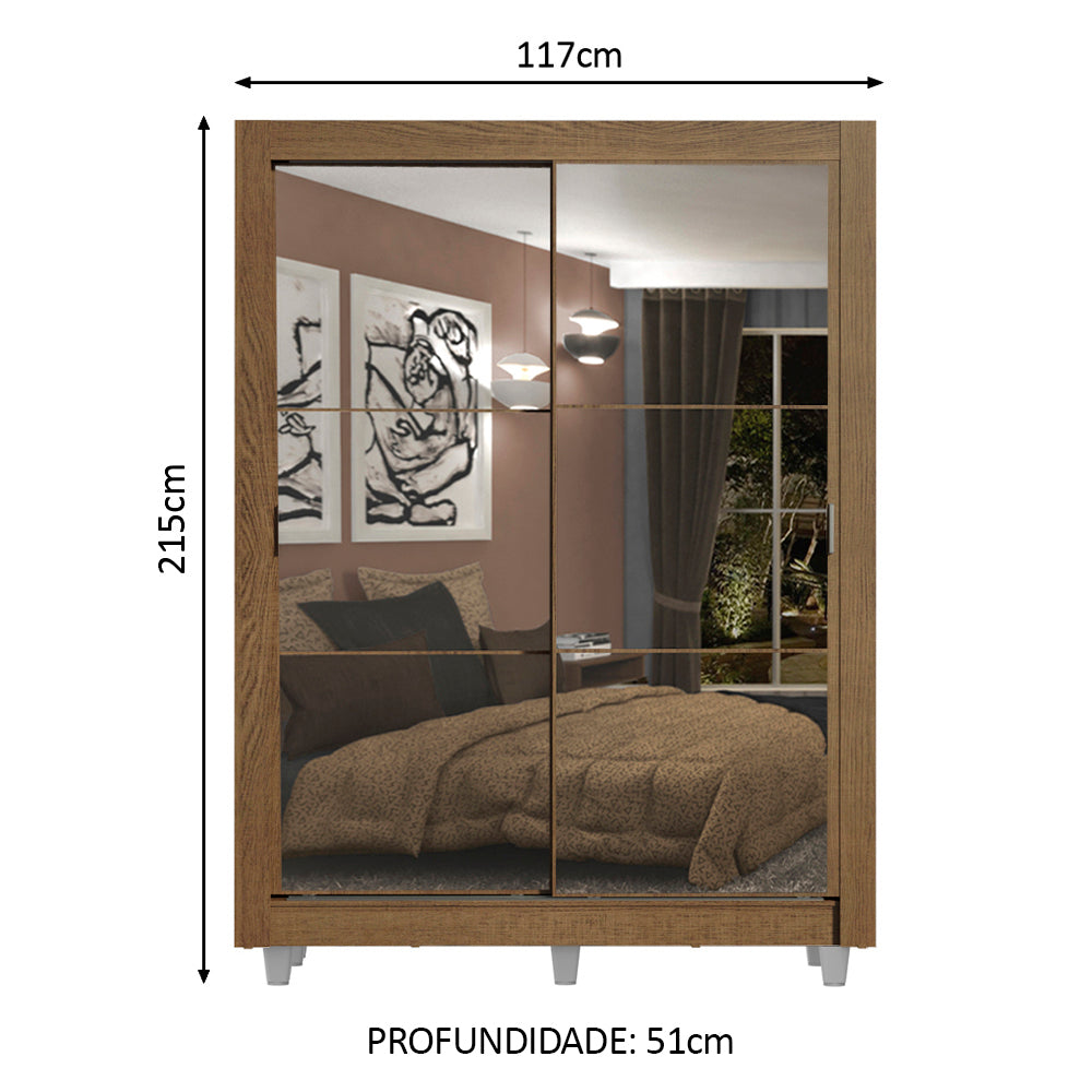 Guarda-Roupa Solteiro Madesa Dallas Plus 2 Portas de Correr de Espelho 4 Gavetas com Pés Rustic