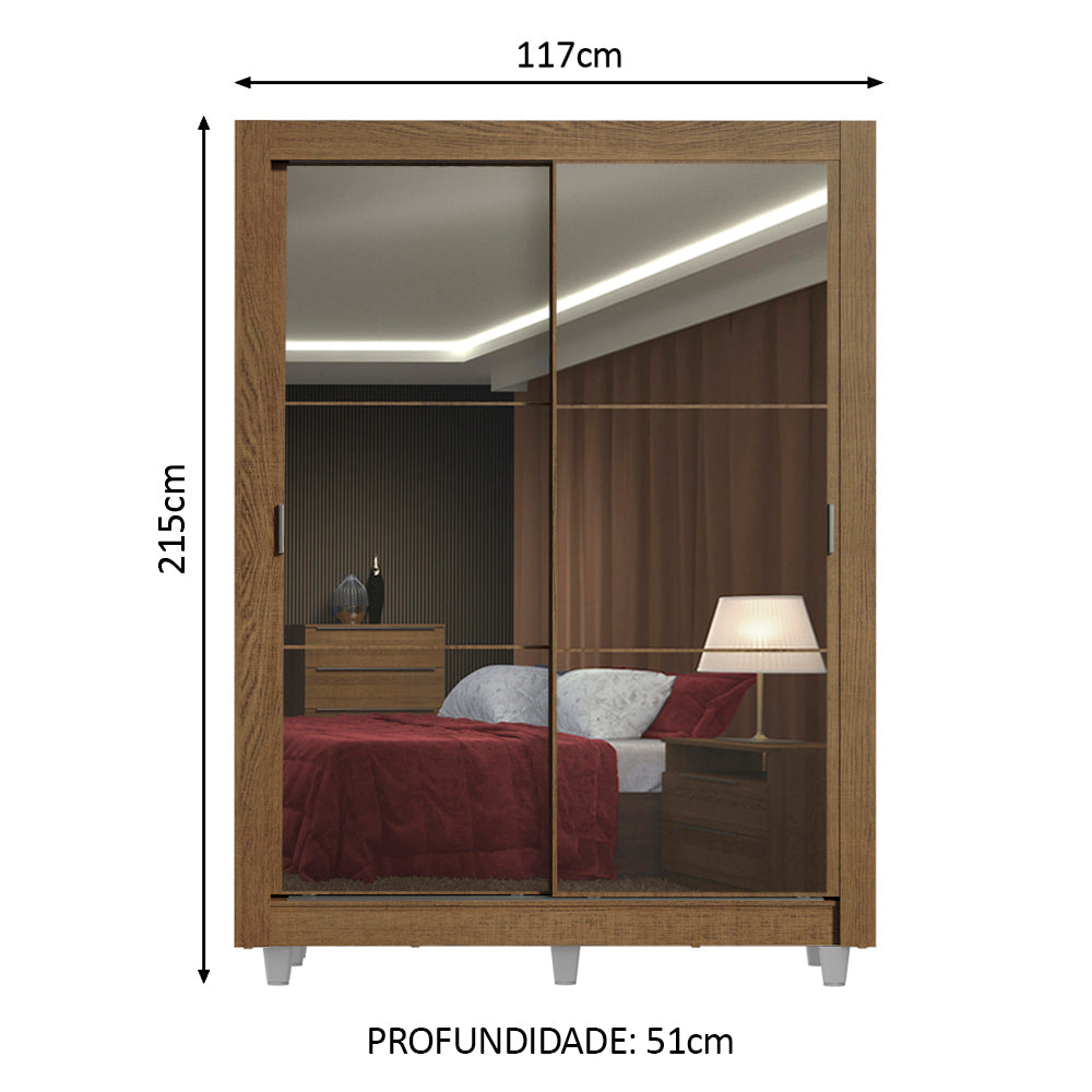 Guarda-Roupa Solteiro Madesa Denver 2 Portas de Correr de Espelho com Pés Rustic