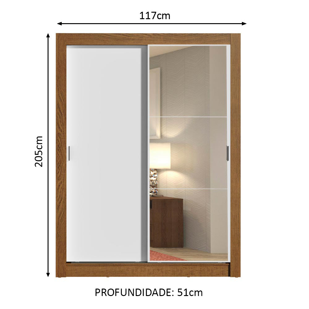 Guarda-Roupa Solteiro Madesa Dallas 2 Portas de Correr com Espelho 2 Gavetas Rustic/Branco