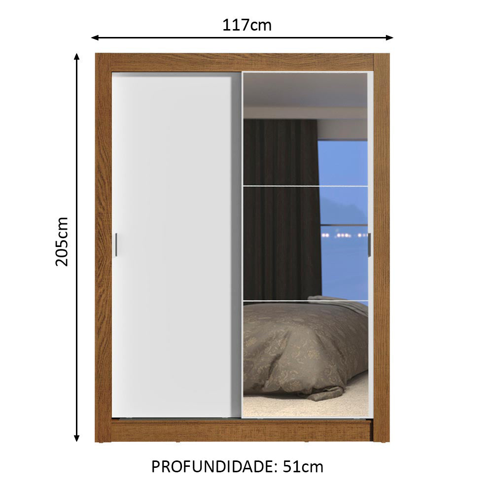 Guarda-Roupa Solteiro Madesa Dallas Plus 2 Portas de Correr com Espelho 4 Gavetas Rustic/Branco