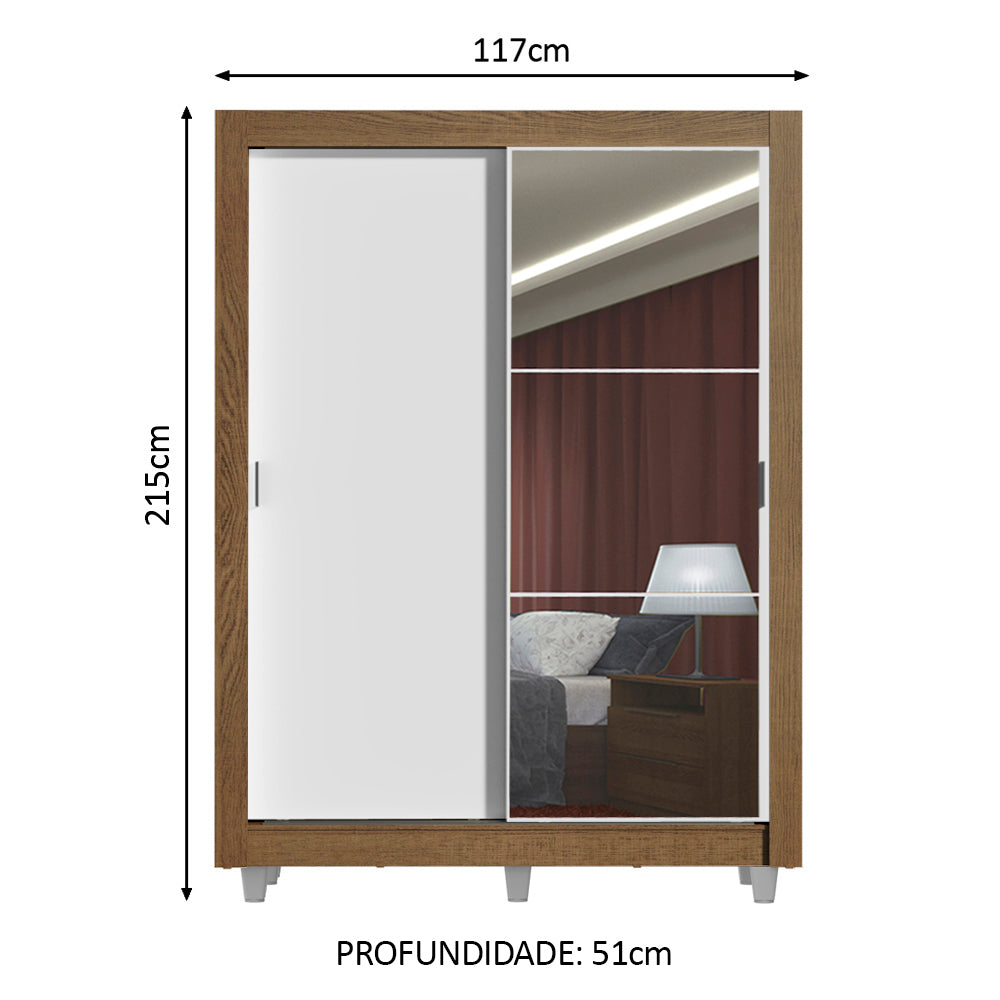 Guarda-Roupa Solteiro Madesa Denver 2 Portas de Correr com Espelho com Pés Rustic/Branco
