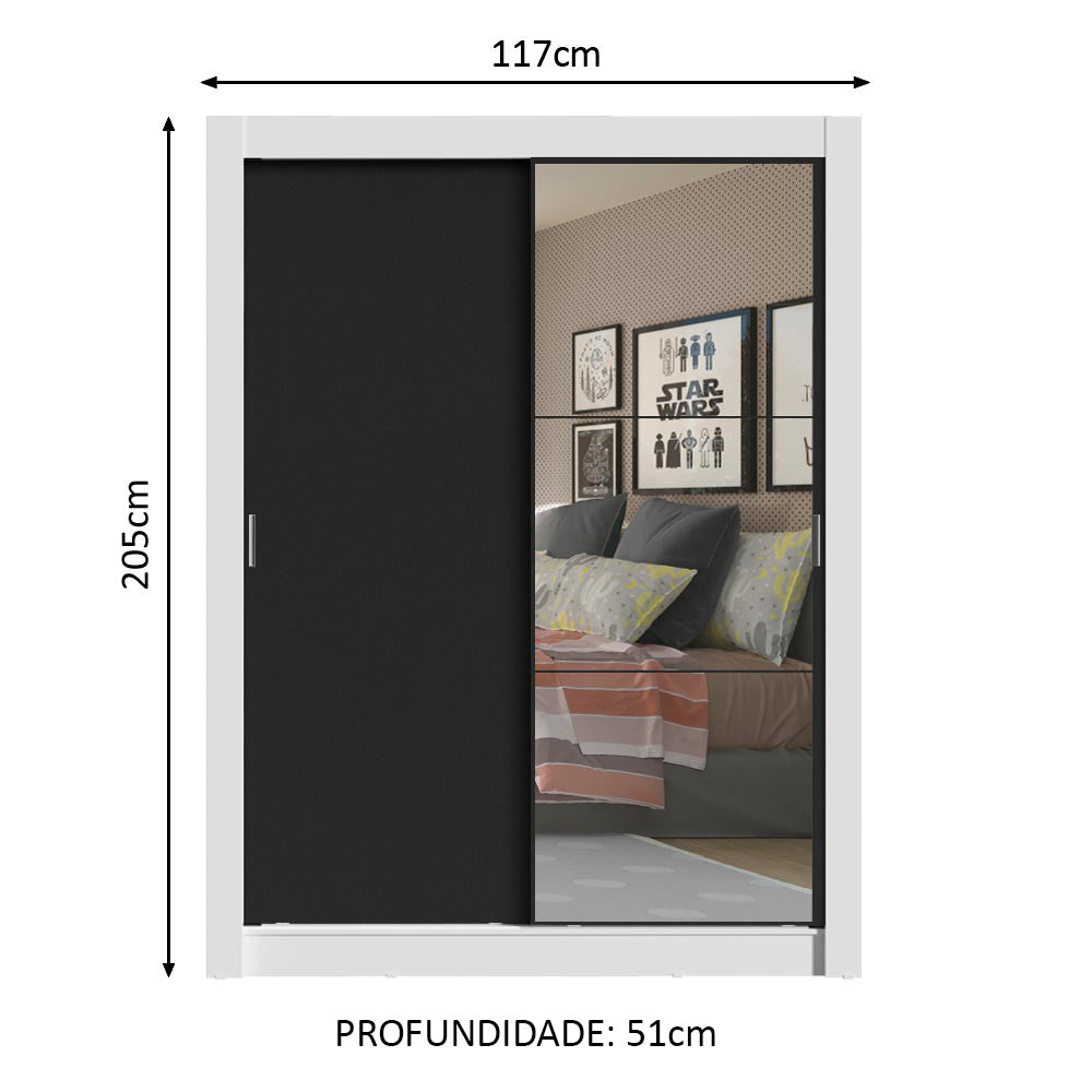 Guarda-Roupa Solteiro Madesa Denver 2 Portas de Correr com Espelho Branco/Preto
