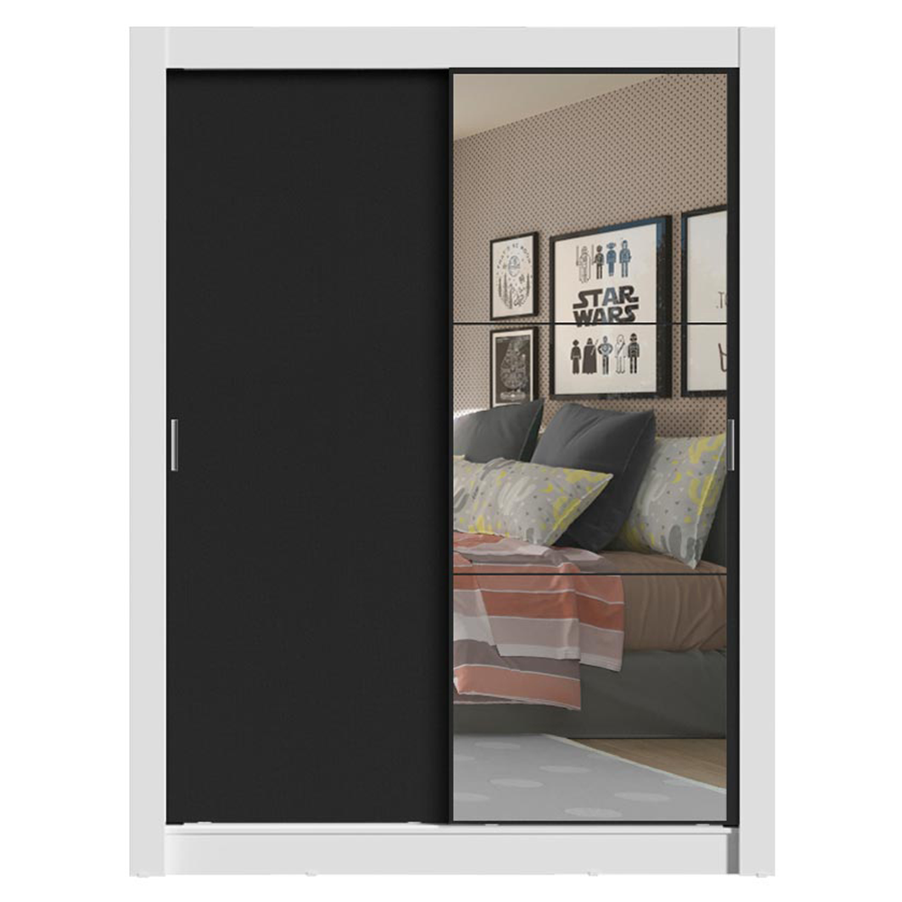 Guarda-Roupa Solteiro Madesa Denver 2 Portas de Correr com Espelho Branco/Preto
