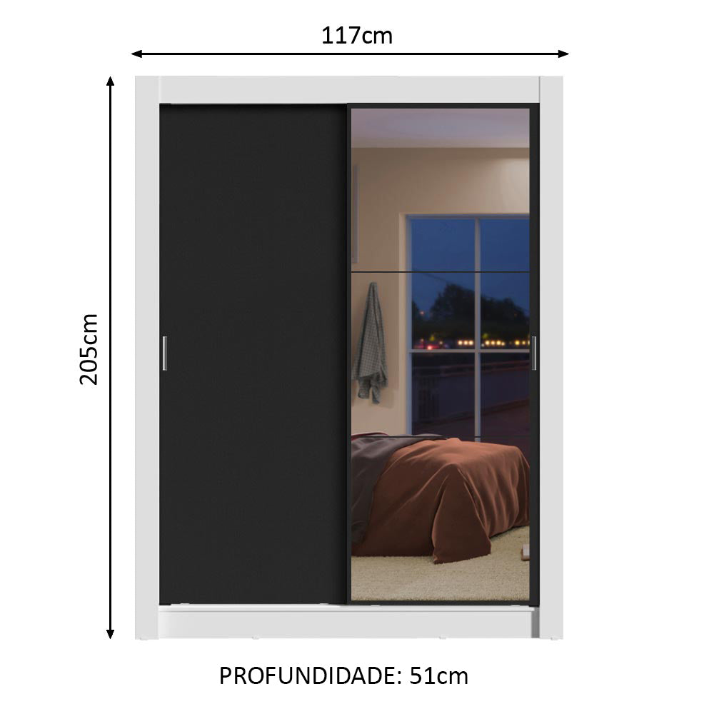 Guarda-Roupa Solteiro Madesa Dallas 2 Portas de Correr com Espelho 2 Gavetas Branco/Preto