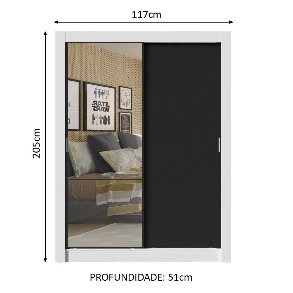 Guarda-Roupa Solteiro Madesa Dallas Plus 2 Portas de Correr com Espelho 4 Gavetas Branco/Preto