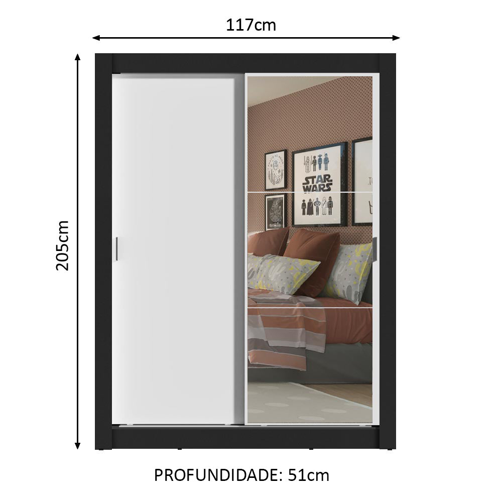 Guarda-Roupa Solteiro Madesa Denver 2 Portas de Correr com Espelho Preto/Branco