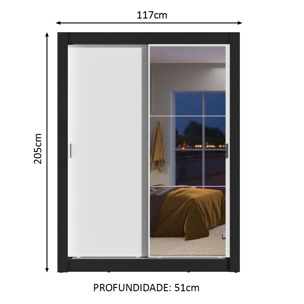 Guarda-Roupa Solteiro Madesa Dallas 2 Portas de Correr com Espelho 2 Gavetas Preto/Branco