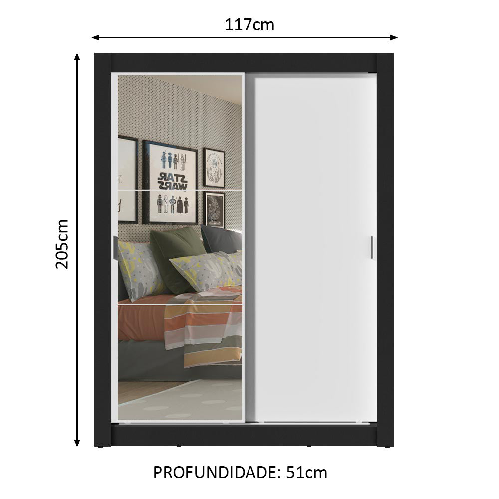 Guarda-Roupa Solteiro Madesa Dallas Plus 2 Portas de Correr com Espelho 4 Gavetas Preto/Branco
