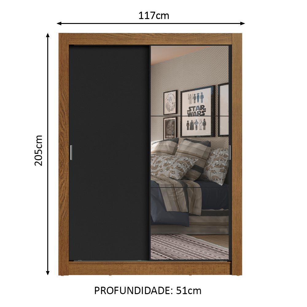 Guarda-Roupa Solteiro Madesa Denver 2 Portas de Correr com Espelho Rustic/Preto