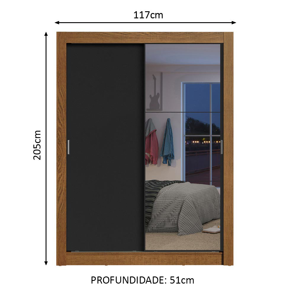 Guarda-Roupa Solteiro Madesa Dallas 2 Portas de Correr com Espelho 2 Gavetas Rustic/Preto