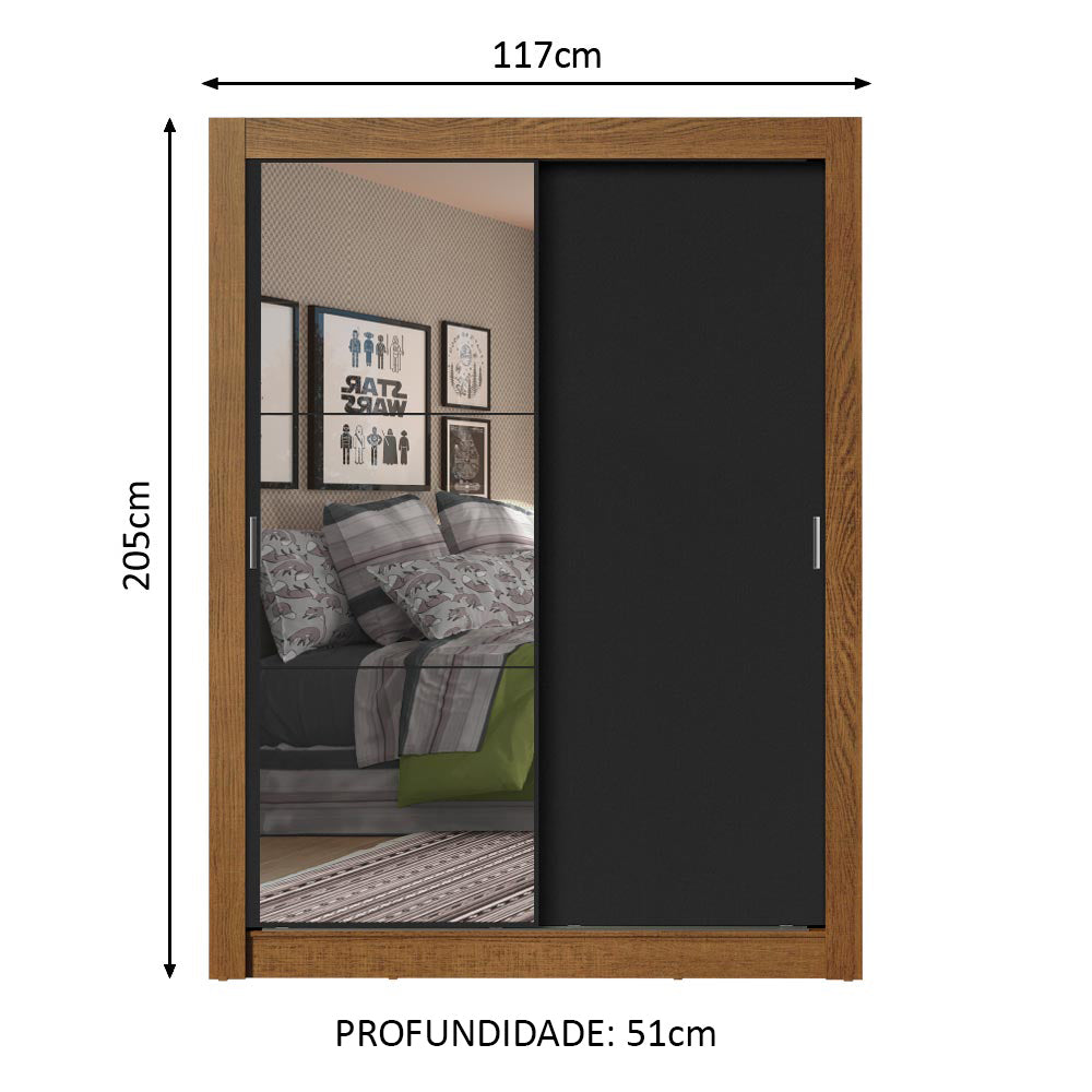 Guarda-Roupa Solteiro Madesa Dallas Plus 2 Portas de Correr com Espelho 4 Gavetas Rustic/Preto