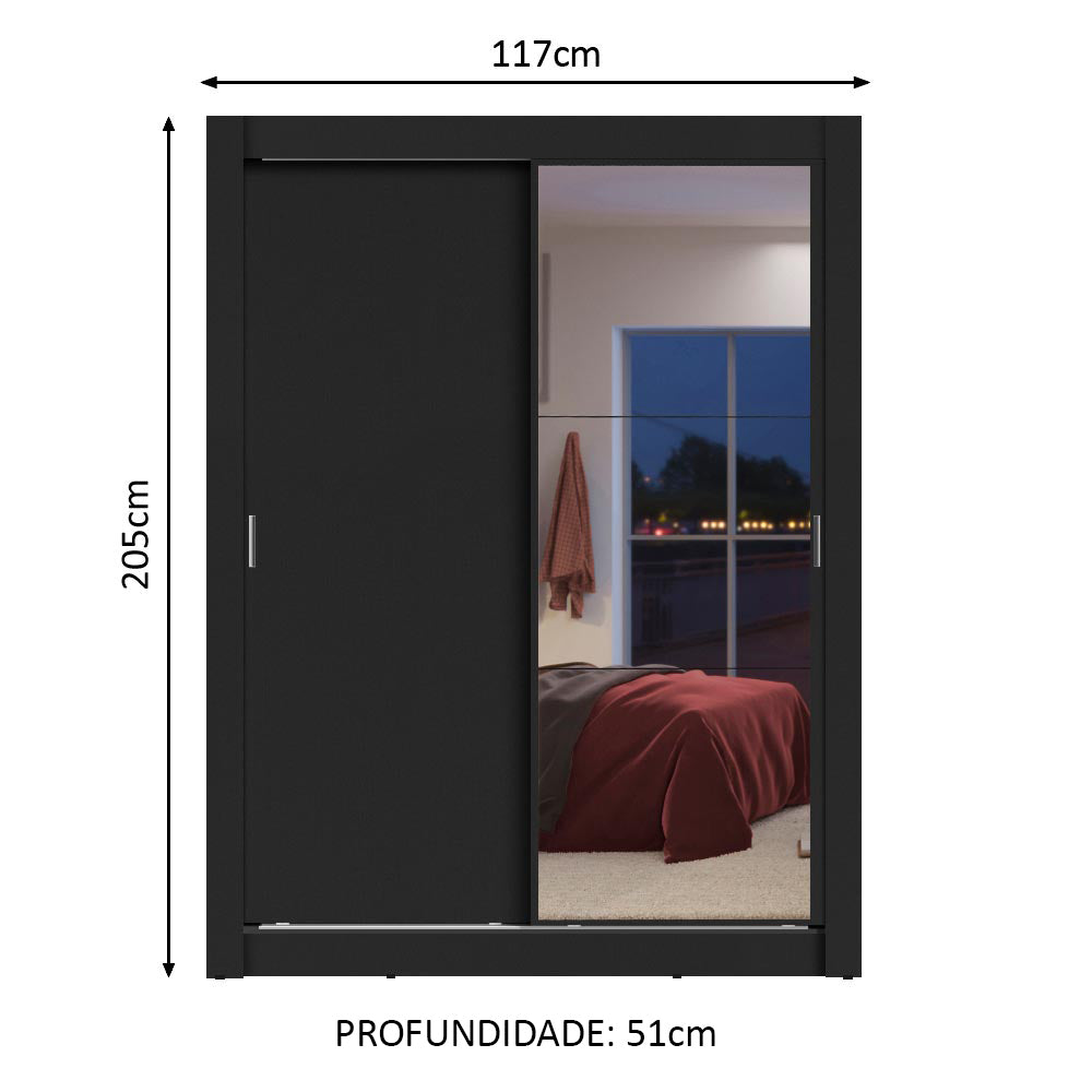 Guarda-Roupa Solteiro Madesa Dallas 2 Portas de Correr com Espelho 2 Gavetas Preto