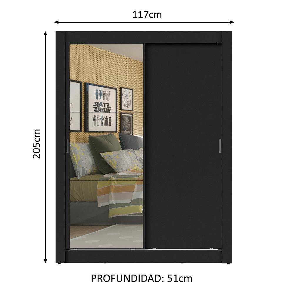 Guarda-Roupa Solteiro Madesa Dallas Plus 2 Portas de Correr com Espelho 4 Gavetas Preto