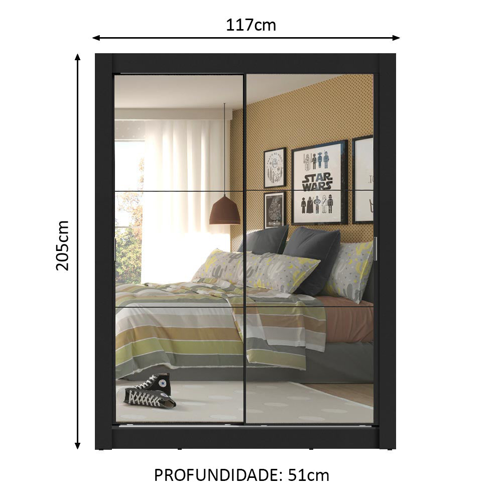 Guarda-Roupa Solteiro Madesa Denver 2 Portas de Correr de Espelho Preto