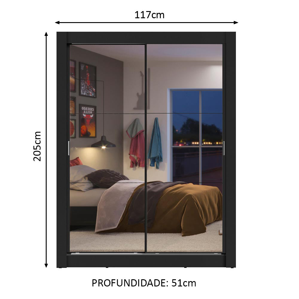 Guarda-Roupa Solteiro Madesa Dallas 2 Portas de Correr de Espelho 2 Gavetas Preto