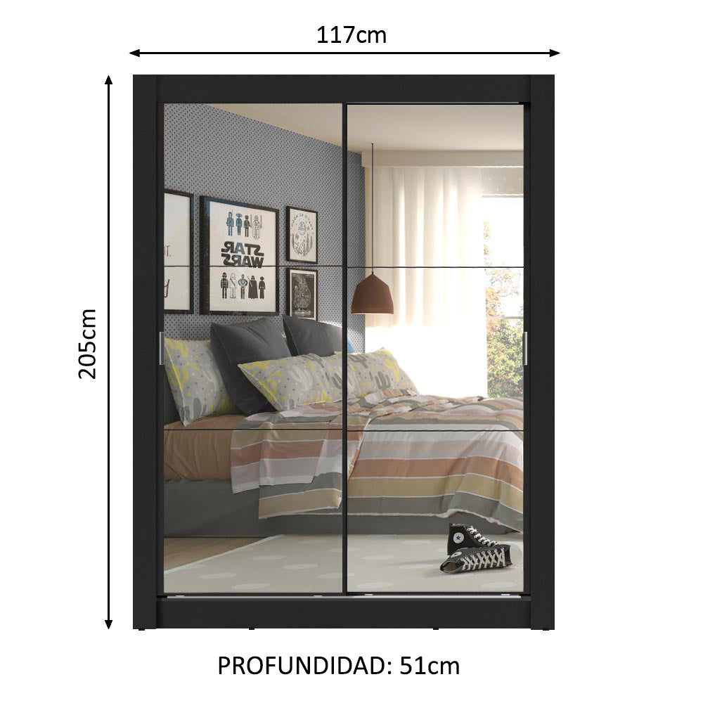 Guarda-Roupa Solteiro Madesa Dallas Plus 2 Portas de Correr de Espelho 4 Gavetas Preto