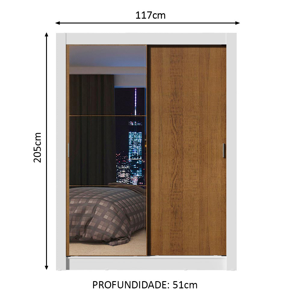 Guarda-Roupa Solteiro Madesa Denver 2 Portas de Correr com Espelho Branco/Rustic