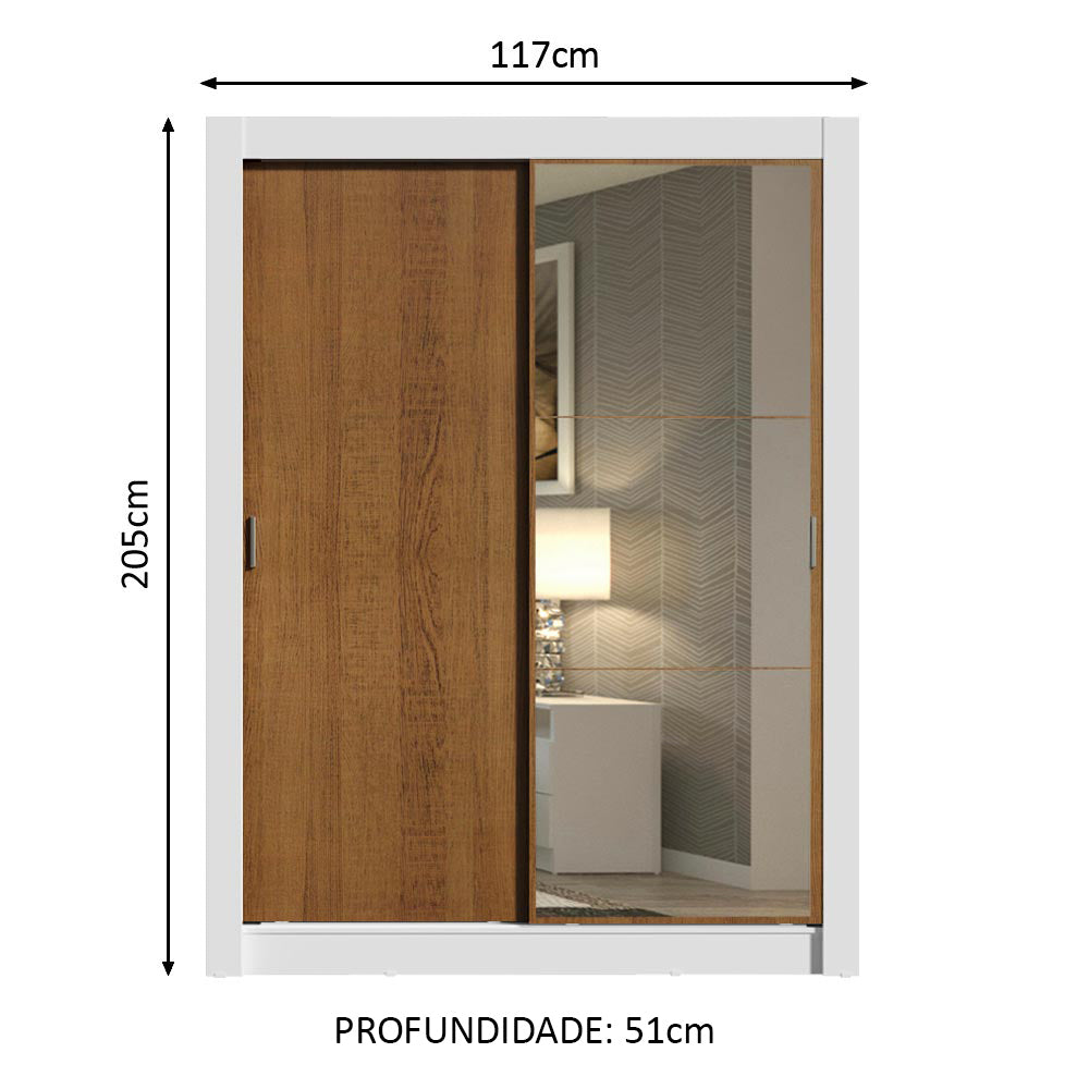 Guarda-Roupa Solteiro Madesa Dallas 2 Portas de Correr com Espelho 2 Gavetas Branco/Rustic