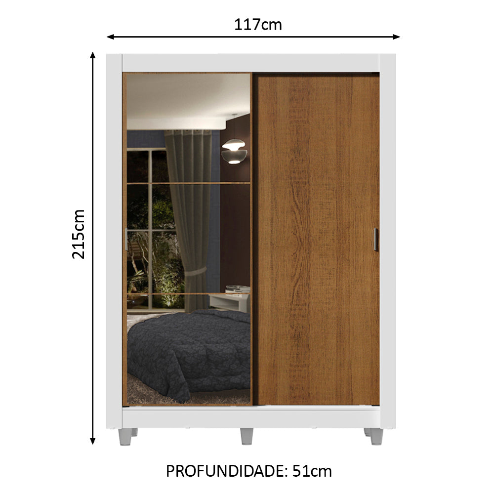 Guarda-Roupa Solteiro Madesa Dallas 2 Portas de Correr com Espelho 2 Gavetas com Pés Branco/Rustic