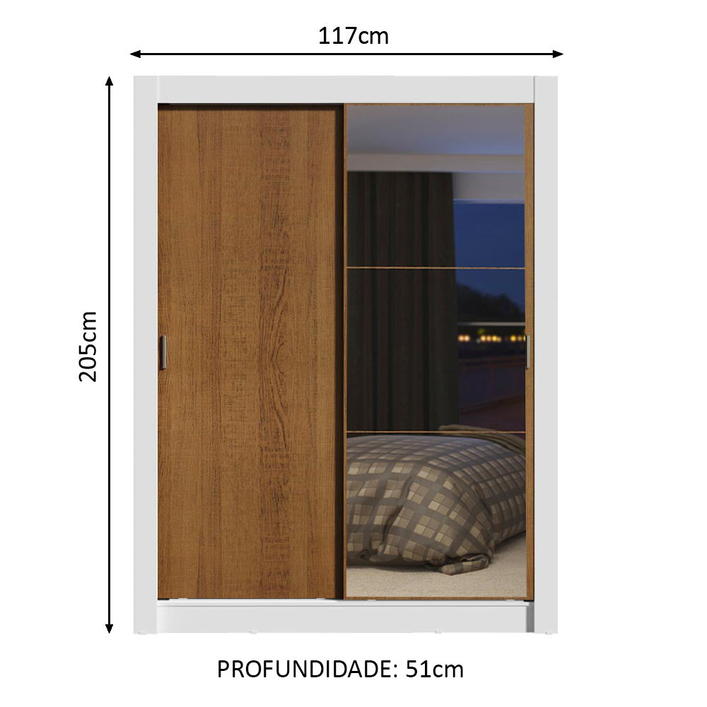 Guarda-Roupa Solteiro Madesa Dallas Plus 2 Portas de Correr com Espelho 4 Gavetas Branco/Rustic