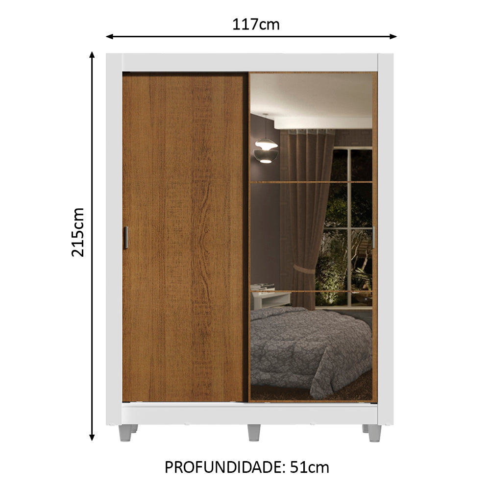 Guarda-Roupa Solteiro Madesa Dallas Plus 2 Portas de Correr com Espelho 4 Gavetas com Pés Branco/Rustic