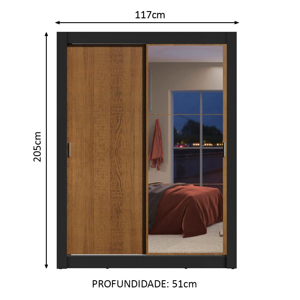 Guarda-Roupa Solteiro Madesa Dallas 2 Portas de Correr com Espelho 2 Gavetas Preto/Rustic