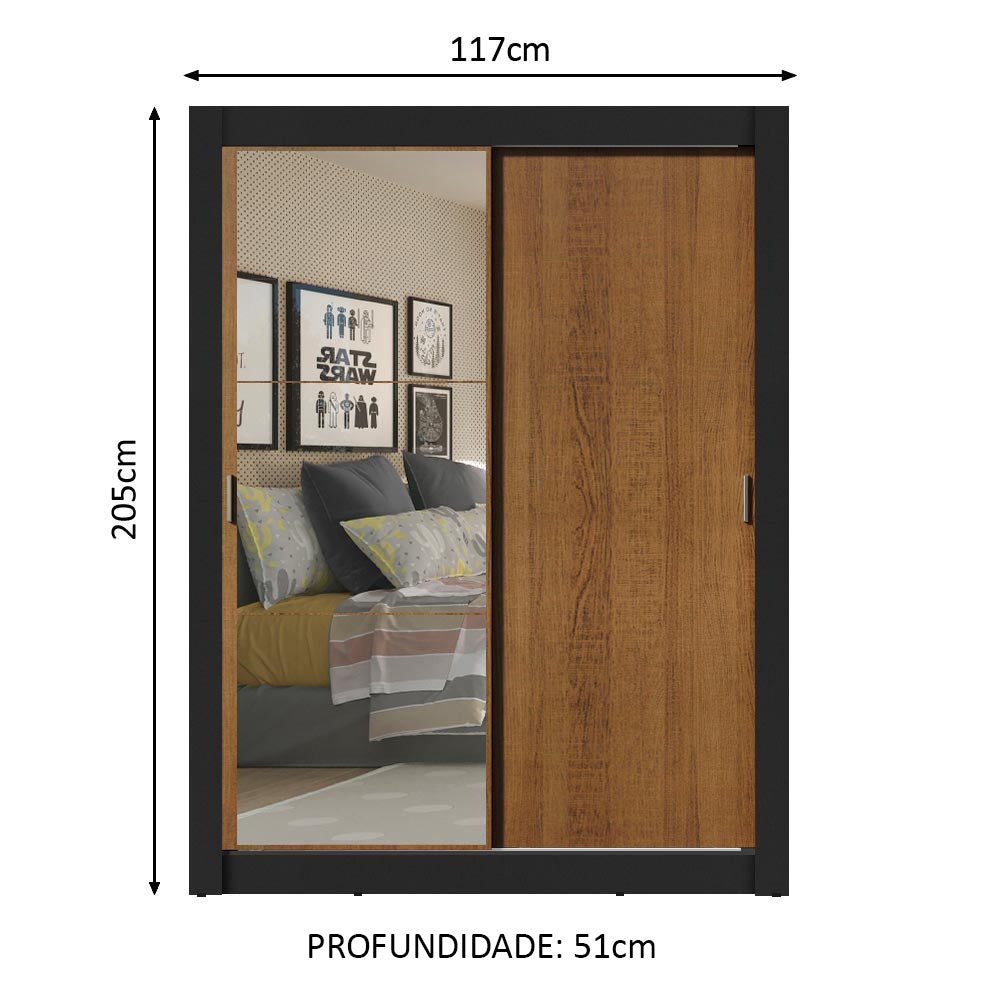 Guarda-Roupa Solteiro Madesa Dallas Plus 2 Portas de Correr com Espelho 4 Gavetas Preto/Rustic