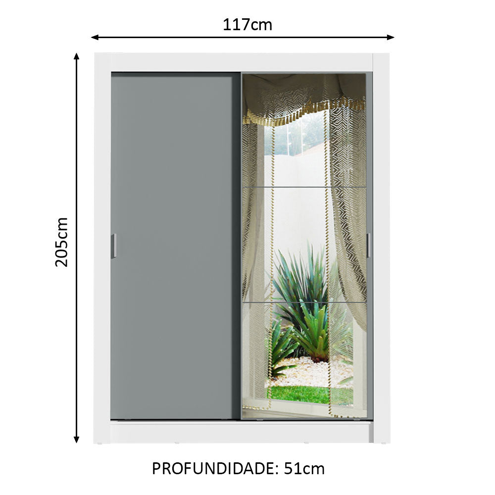 Guarda-Roupa Solteiro Madesa Denver 2 Portas de Correr com Espelho Branco/Cinza