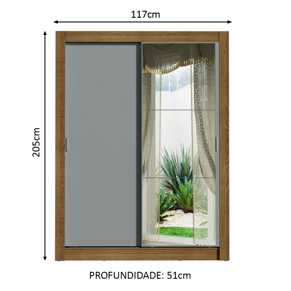 Guarda-Roupa Solteiro Madesa Denver 2 Portas de Correr com Espelho Rustic/Cinza