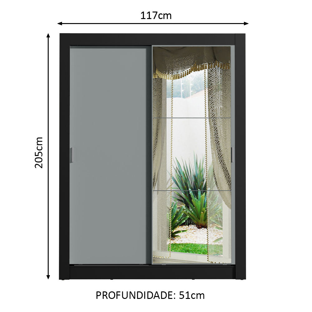 Guarda-Roupa Solteiro Madesa Denver 2 Portas de Correr com Espelho Preto/Cinza