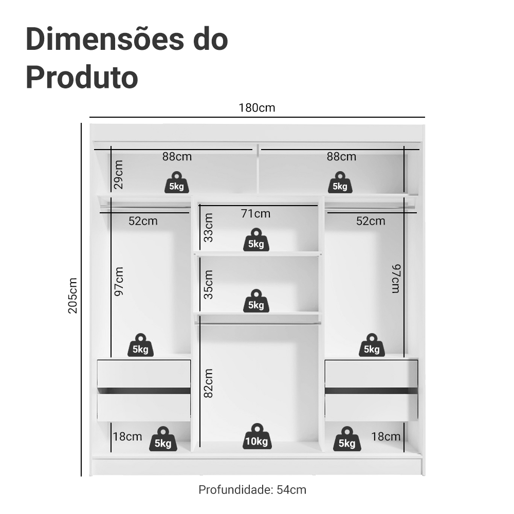 Guarda-Roupa Casal Madesa Reno 3 Portas de Correr com Espelhos Branco