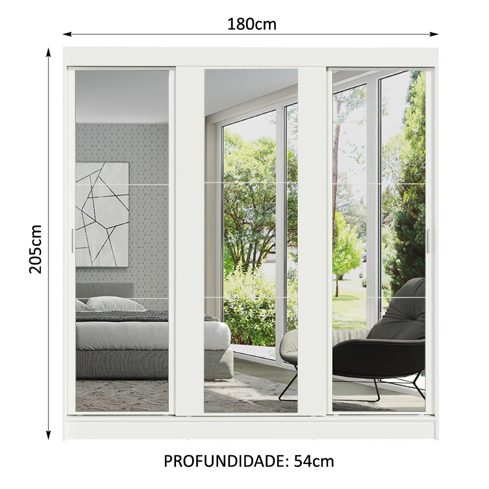 Guarda-Roupa Casal Madesa Reno 3 Portas de Correr de Espelho Branco