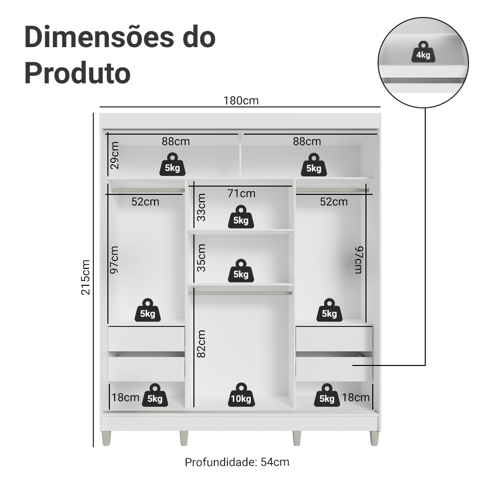Guarda-Roupa Casal com Pés 3 Portas de Correr de Espelho Branco Reno Madesa