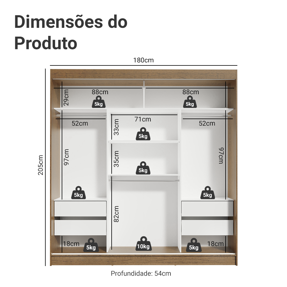 Guarda-Roupa Casal Madesa Reno 3 Portas de Correr Rustic
