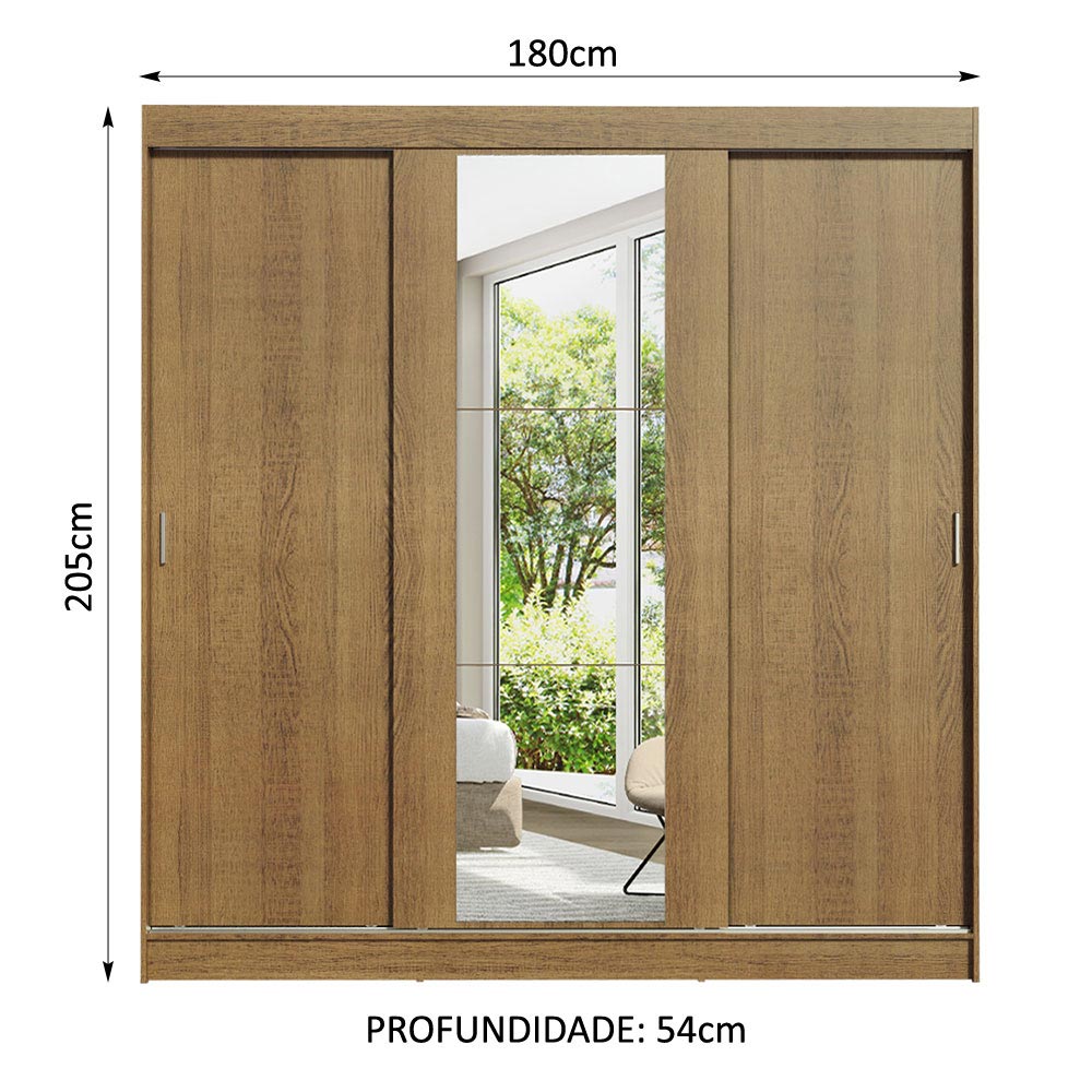 Guarda-Roupa Casal Madesa Reno 3 Portas de Correr com Espelho Rustic